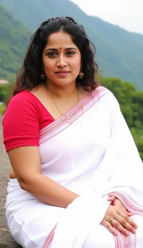 Malayali house wife, wearing white cotton saree with with red ethnic blouse, slightly chubby cheeks,wet curly hair until shoulder,sitting  pose, photoshoot for ethnic anklets  and  beautiful feet, scenic locations of Himalayas 
