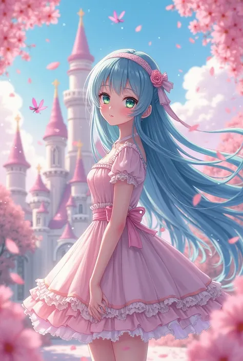 masterpiece, best quality,  ultra-detailed, hair an anime-style scene with a young woman with long hair, flowing blue hair and large,  bright green eyes. She stands in front of a fanciful pink castle, her soft and curious expression as she looks over her s...