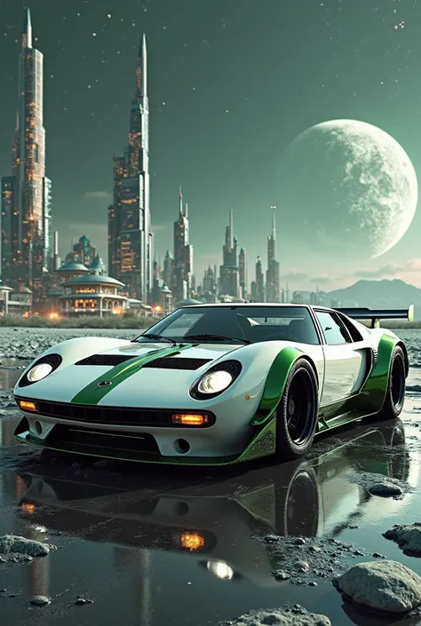   realistic photo, Lamborghini Miura, extremely aggressive body kit , in white with polished dark green, Lunar City 