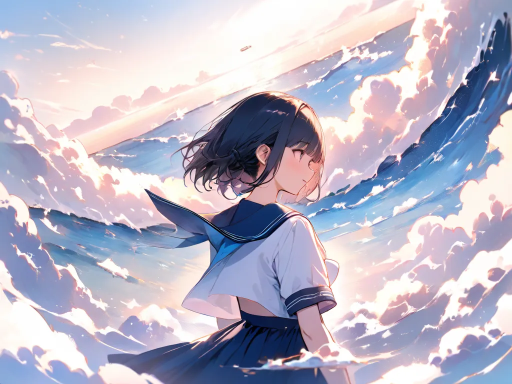 masterpiece, Highest quality, high detail, high resolution, An anime-style girl dressed as a sailor stands at the bow of a luxurious, beautifully decorated passenger ship based on white.
The vast sea and sky are a vivid blue, stretching endlessly, and the ...