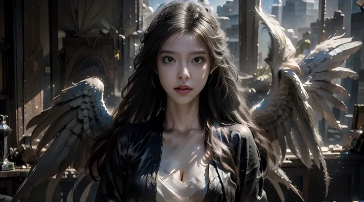 （（best quality））， （（ masterpiece））， （（ actual ））， （ detailed）， （realisticlying：1.5）， Unreal Engine ， (high detail: 1.9)，（woman：1.4），（big breasts beautiful： 1.4),( is attractive:1.3)， （ big ）， Female Angel， Black Feather Wings ，beautiful girl，pretty face，  ...