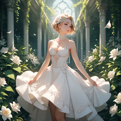 A woman in an elegant white dress. He has short hair and wears a .  She is in a natural environment , surrounded by large plants and white flowers.  The lighting is soft,  creating a magical and serene atmosphere . give warm light to the environment.