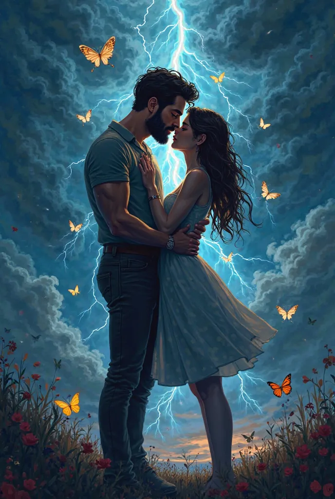 Banner com Casal gay, one tall and the other younger one kissing during a storm with butterflies around them, Name "BORBOLETAS NA TEMPESTAThe" The "MIKAEL ALEX"  animation style 