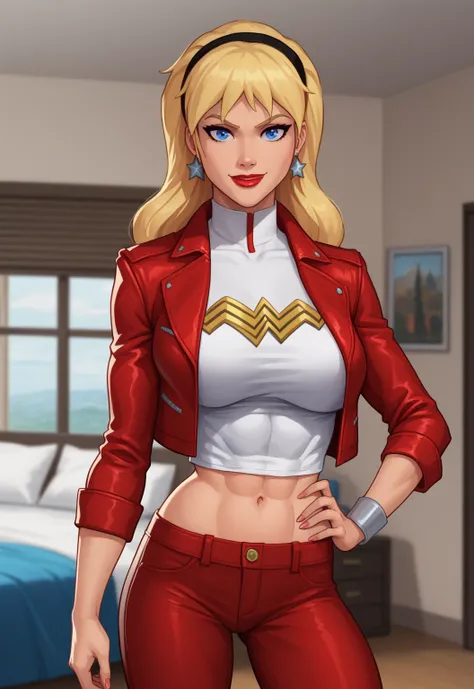 safe_pos, PonyXLV6_Scores BREAK (((parody style, parody:1.2)), perfect anatomy, cowboy shot) 1girl, blonde hair, blue eyes, ((looking at viewer)), hairband, red leather jacket, star earrings, red jeans, curvy,  athletic, standing, hand on hip, indoors, bed...