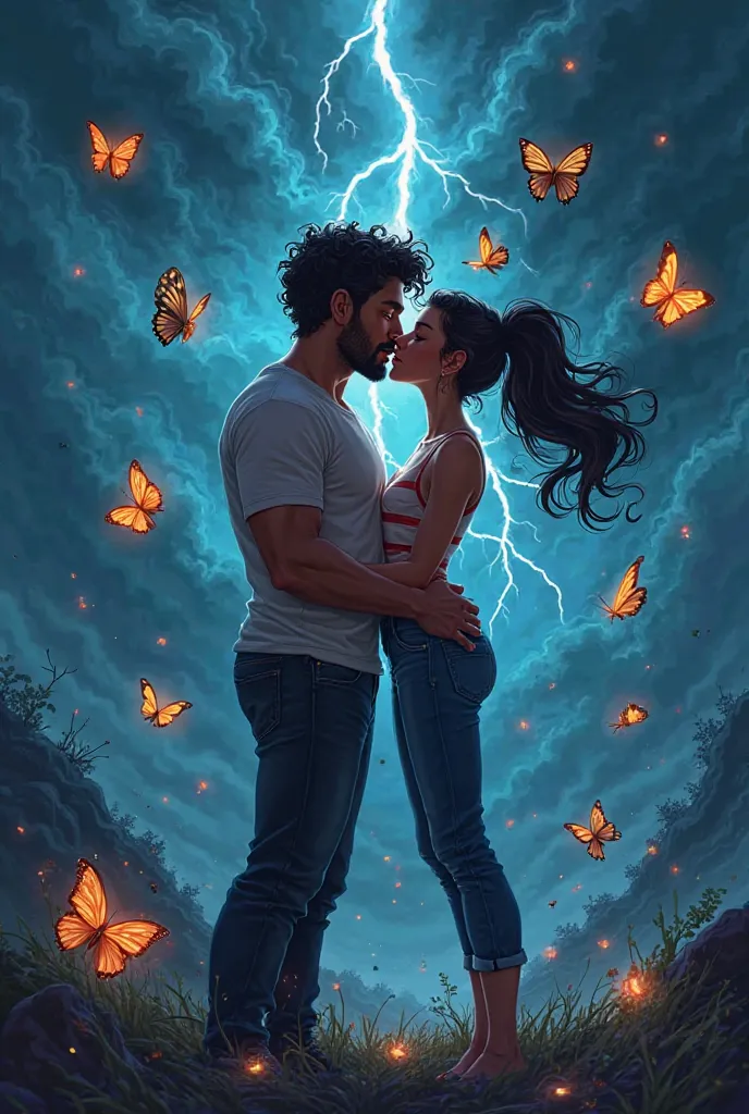 Banner com Casal gay, one tall and the other younger one kissing during a storm with butterflies around them, Name "BORBOLETAS NA TEMPESTAThe" The "MIKAEL ALEX"  animation style 