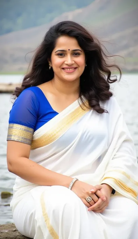 Malayali house wife, wearing white satin saree with golden border with  blue blouse, slightly chubby cheeks,long curly wavy hair until shoulder,sitting  pose, photoshoot for ethnic anklets  and  beautiful feet, scenic locations of Himalayas 
