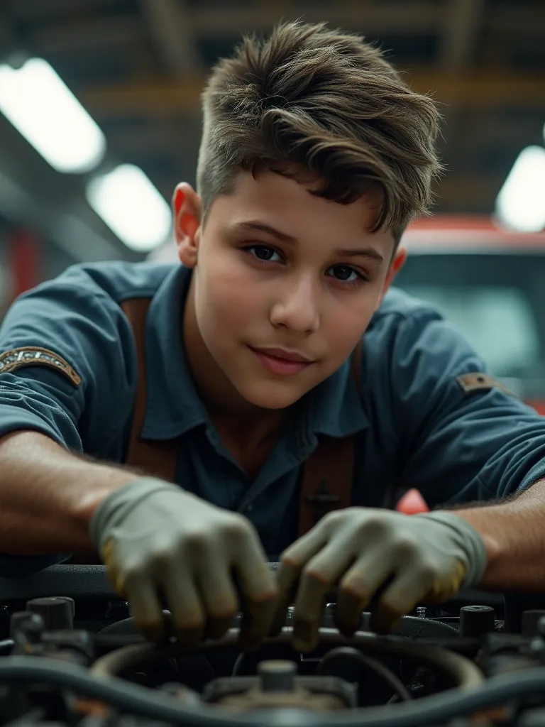 Create photo of this boy being a mechanic with this face and having his face seen with a car and being of average body build