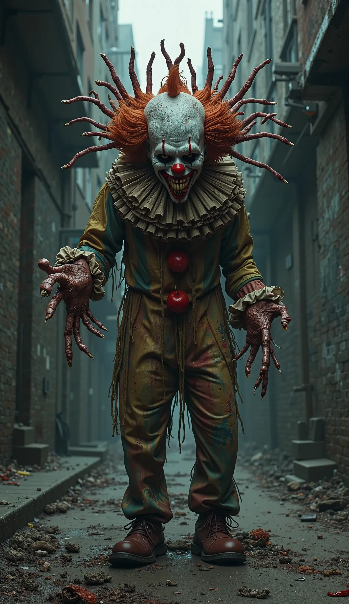 A clown standing in a dark alley, but its face is made entirely of hands.