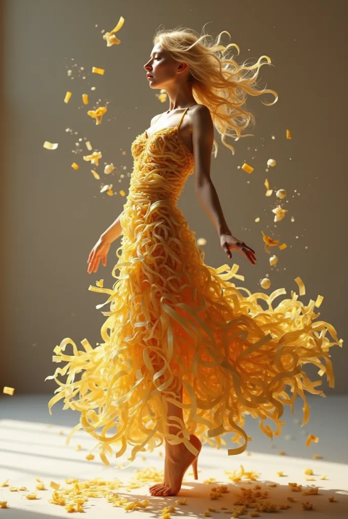 Pasta that begins to come together and transforms into a woman and begins to dance 