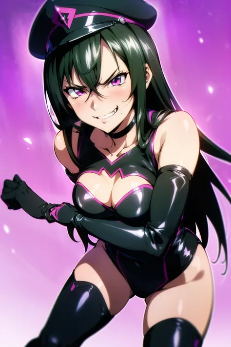 beautiful, masterpiece, ultra detailed, extremely detailed, ultra high res, 8k, beautiful detailed face, anime screencap, heart shaped face woman, (black hair:1.2), long hair, hair between eyes, good shape and big breasts, fearless face, sharp face, slant ...