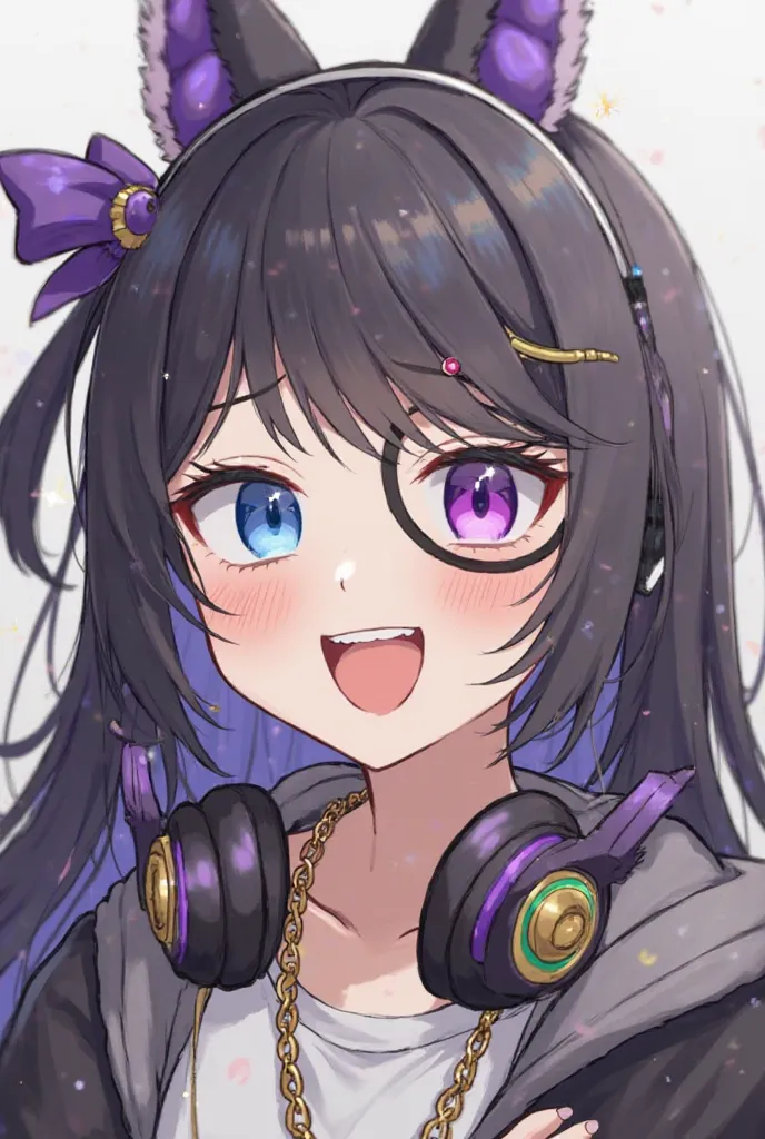 Solo, 1girl, Long Hair, High Resolution, Smile, Open Mouth, Blue eyes, Black Hair, Jewelry, Purple Eyes, Horns, High Details, Fox Ears, Blush, Teeth, Tongue Out, Headphones, Eyepatch, Depth Of Field, 8K Octane, Illustration, 