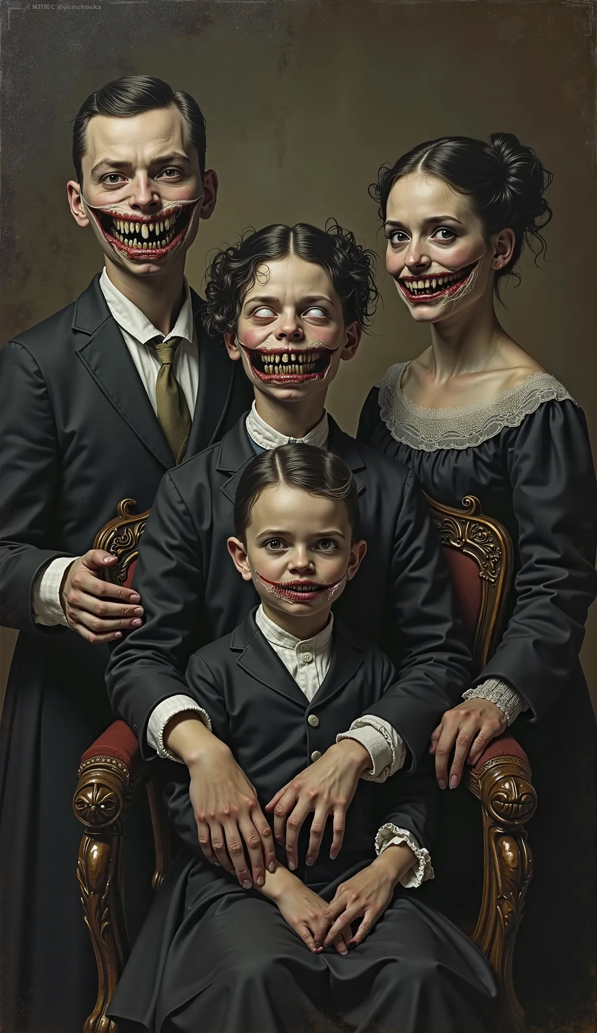 A Victorian-era family portrait, but everyone’s faces are subtly distorted, with too many teeth or elongated fingers.