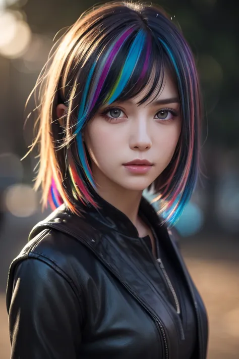 {{Masterpiece}},  best quality ,  Highly Detailed CG Unity 8K Wallpaper,  Cinematic Lights,  lens flare ,  beautiful detail eyes , black,  Sideways glance,   multi colored hair,  colorful  light, particle, Heterochromia, ( colorful :1.5), ( colorful  hair:...