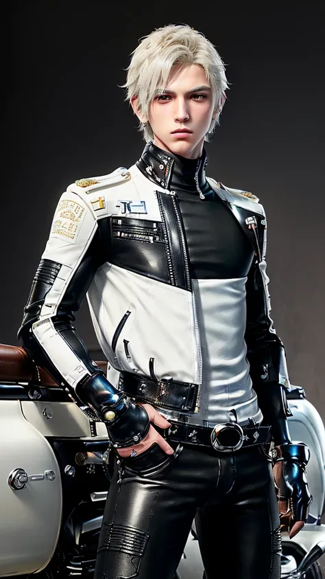 ((Final fantasy taste and reality graphics)), ((Japanese young cute and cool ikemen  boy)), his age is early 20s, thin eyebrows and beady eyes,, (((((boy wearing cream-white color thick leather and single-brest double zipper jacket))))), ,(((((jacket is vo...