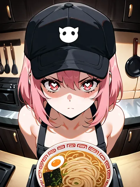 ((((  masterpiece)))), (((( top quality)))),  high resolution,fine grain, detailed faces,1 girl,pink hair,short hair, counter during payment,Serious,sling, black hat, sharp eyes,heart eye,My gaze is on ramen, ramen shop,kitchen,I'm making ramen, anime,