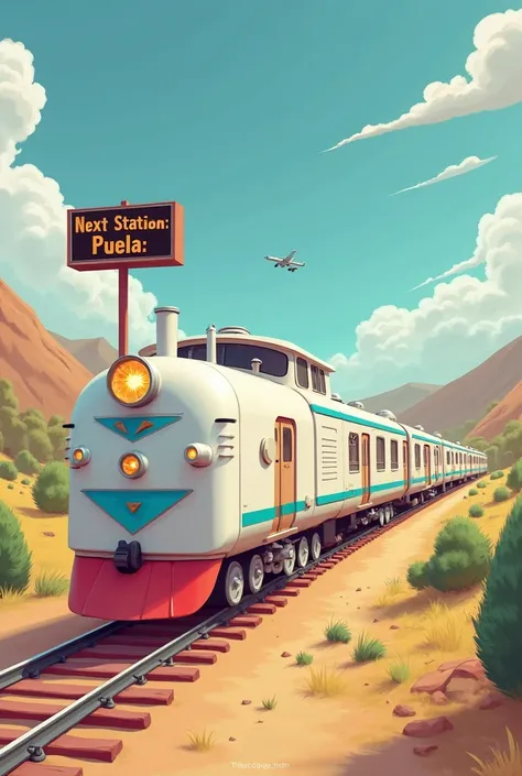 Give me an image of a meter with 6 wagons and that has blue triangles and that the train is white and that on the screen above it says next station Puebla