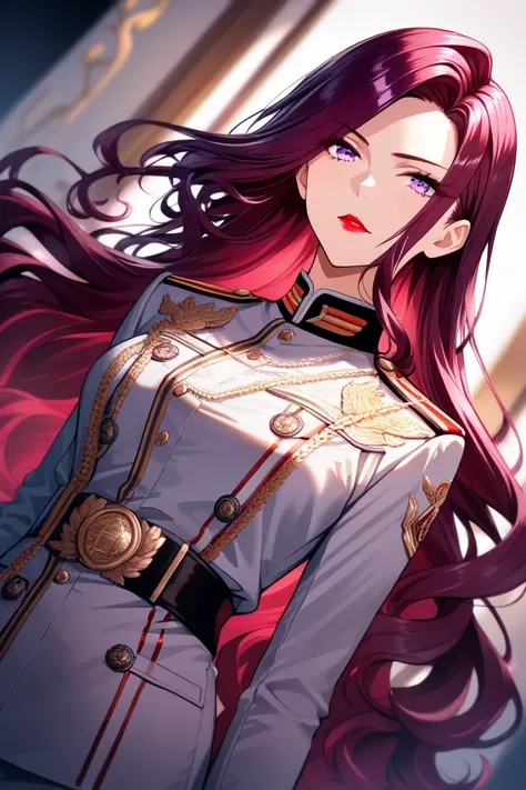 woman, thirty year old, solo,
beautiful bordeaux hair, wavy long hair,
clear purple eyes, 
red lipstick,
military uniform, 
front angle,
sexy, arrogance,
masterpiece, best quality, very beautiful, very detailed, 