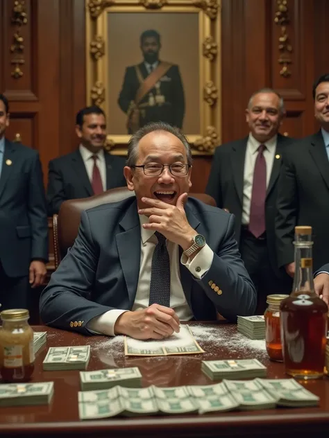 Real image of a corrupt politician sitting at his desk, laughing and enjoying handing money to corrupt politicians. Many corrupt politicians are lining up, at the table, waiting for the corrupt politician to give them money. Politicians men and women are l...