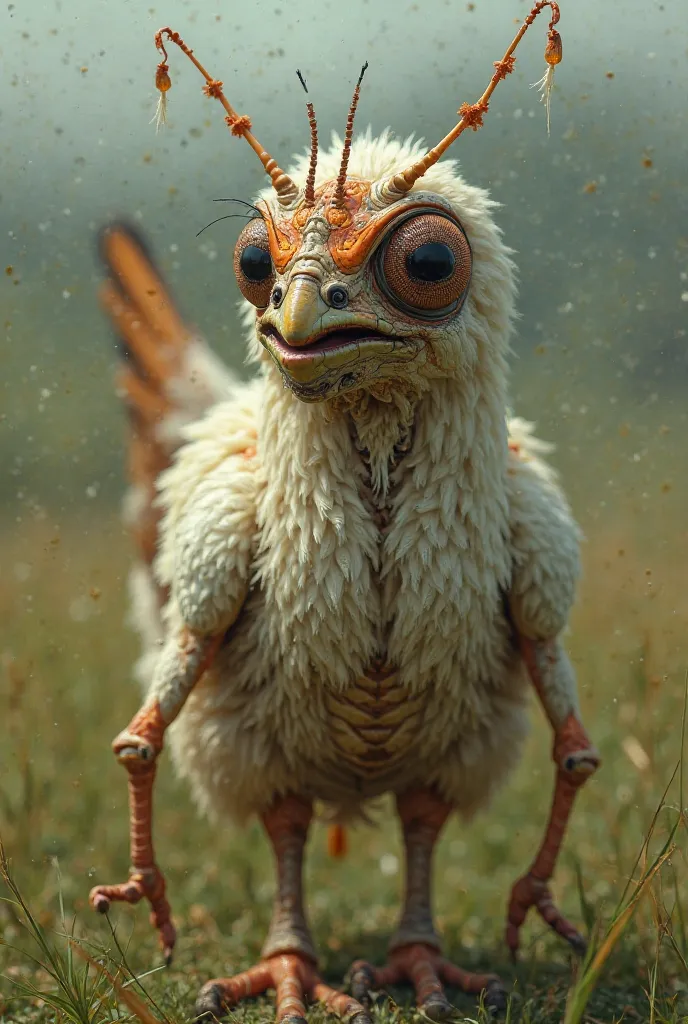 chicken head replace by grasshopper head in realistic image