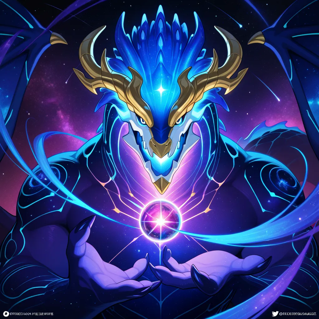 masterpiece, best quality,  western dragon , aurelion sol, without humans, Alone, cosmos energy, Line,  blue sky , Impressive Pose , entire cosmic body 