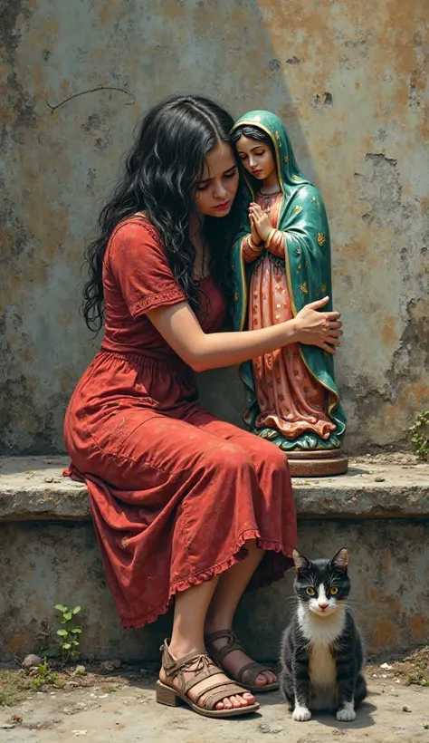 (( realistic image))  ((perfect details.))  (( vibrant colors.)) (( Realistic Comic Art Style .)) 
 girl in a street situation, with his red dress, old and ugly, deshilachado, with his broken shoes, Embrace a sculpture of the Virgin of Guadalupe, sitting o...