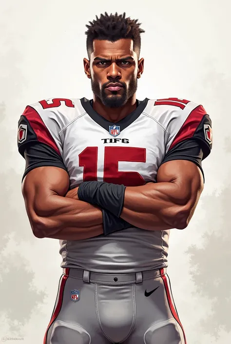 A digital illustration of a football player standing with arms crossed, facing forward with a fierce and determined expression. He is wearing the jersey from the image, which features a predominantly white design with bold red and black patterns. The playe...