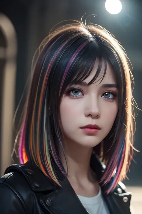 {{Masterpiece}},  best quality ,  Highly Detailed CG Unity 8K Wallpaper,  Cinematic Lights,  lens flare ,  beautiful detail eyes , black,  Sideways glance,   multi colored hair,  colorful  light, particle, Heterochromia, ( colorful :1.5), ( colorful  hair:...