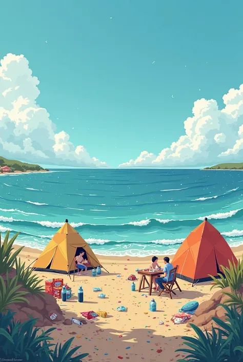 create an image in animation format in the context of great pollution in the sea where rubbish is in the upper part of the ocean, close to the coast where there are several tents and tables with people sitting in front of the dirt from soda bottles, water ...