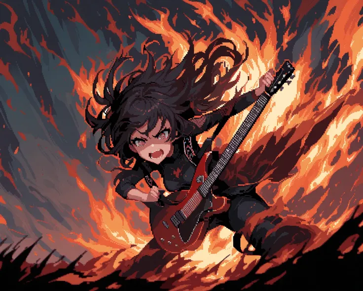 pixel drawing, A girl with half red hair and part black with a guitar playing in the middle of a fire 