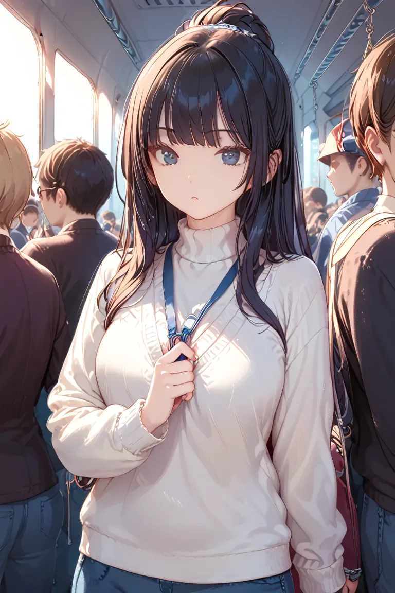 Adult woman in a blue white sweater and black miniskirt standing on a crowded train。An expressionless woman holding a strap with one hand。Black hair, long hair up to the waist, and dark eyes。high quality、high quality、 realistic colors、5 carefully drawn fin...