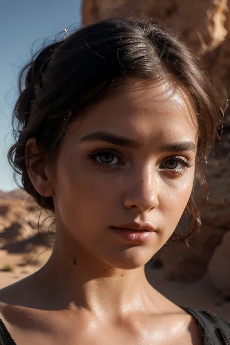 An avant-garde high fashion photoshoot in a desert landscape featuring beautiful model (((best quality)), ((masterpiece)), (detailed), perfect face realistic photo of beautiful woman with long dark brown hair, Russian, influencer, light freckles, dark brow...