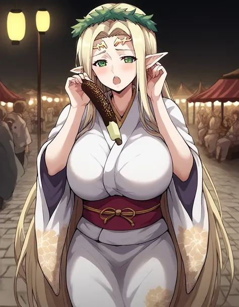 score_9, score_8_up, score_7_up, source_anime, celestine lucullus, blonde hair, very long hair, green eyes, pointy ears, elf, circlet, head wreath, laurel crown, huge breasts,, chocolate banana, open mouth, holding, holding food, blush,, japanese clothes, ...