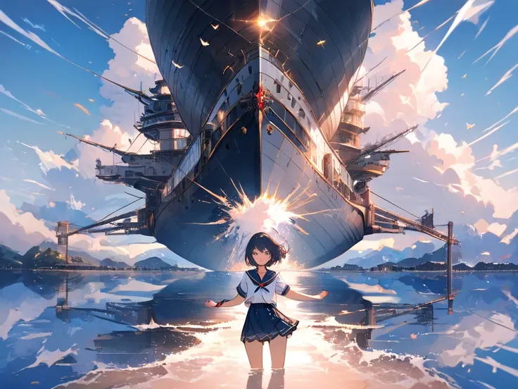 masterpiece, best quality, high detail, high resolution,
girl, sailor, outfit, anime style,
standing at the bow of the ship,
fluttering, short hair,
blue, white, base, easy to move, sailor, costume, wearing,
confident expression, hope for the future,
vast,...