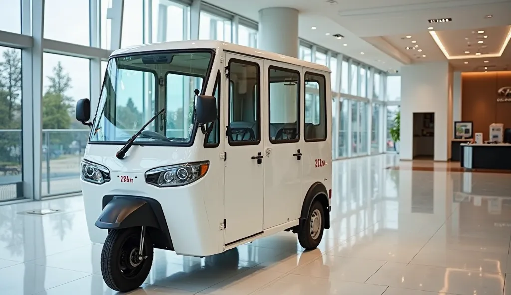 "A bright white 2025 toyota jpn rickshaw captured from the left side view, prominently displaying the word '2025 toyota jpn rickshaw' on the front view panel. The rickshaw is parked inside an elegant, spacious showroom with a sleek and modern design. The s...