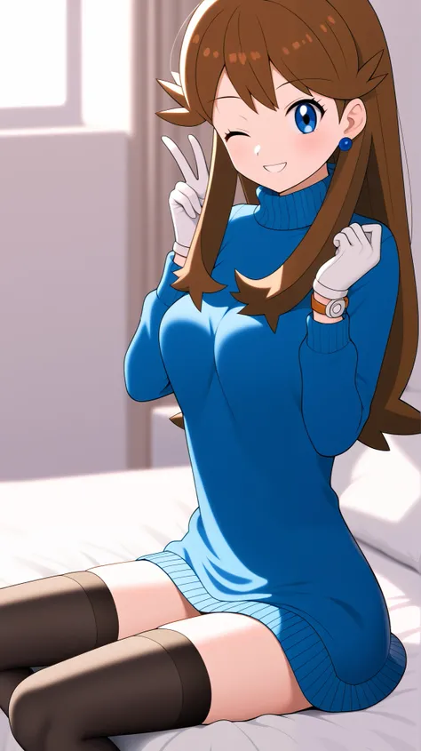 ((Highest quality)), ((masterpiece)), ((exhaustive)), 1girl , Two Legs, two arms, orange brown hair color, long hair, blue eyes, Ample breasts, long sleeve vertical stripe sweater, black knee-high stockings, absolute domain, thighs, blue earrings, se...