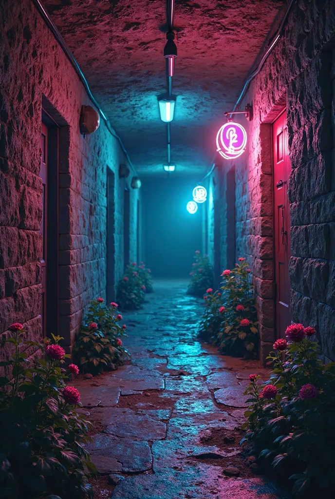 Dark clandestine cellar with multiple doors, neon lights and colorful flowers