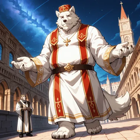 character focus, full body, looking away, dynamic angle, priest, a musclegut middle-aged white fur wolf man,  
priest costume clothes, priest robe, blessing, BREAK full body in Michelangelo Buonarroti style, pastel-colored design, digital illustration anim...