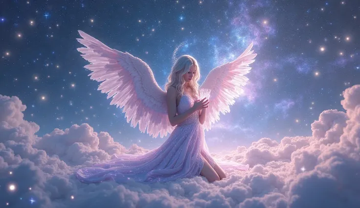 long、, Silver hair and purple eyes kneel on a bed of clouds, Enveloped in the brilliance of a thousand stars. Her outfit is delicate, Made of sparkling stardust、Attractive female angel, Show off your charming side. She holds the crystal lyre tenderly, and、...