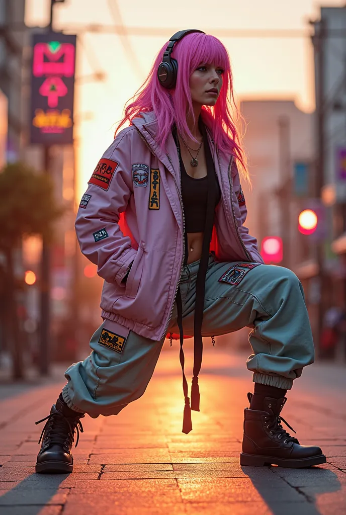 A dynamic breakdance pose. arrogant woman with ff7 face & rainbow hair, headset. combat pants & boots. Wearing rubber glow neon pink & white armor with patches kanji pattern on it. The armor have dual symetrical segment mecha-shoulder pack, dual lotus flow...