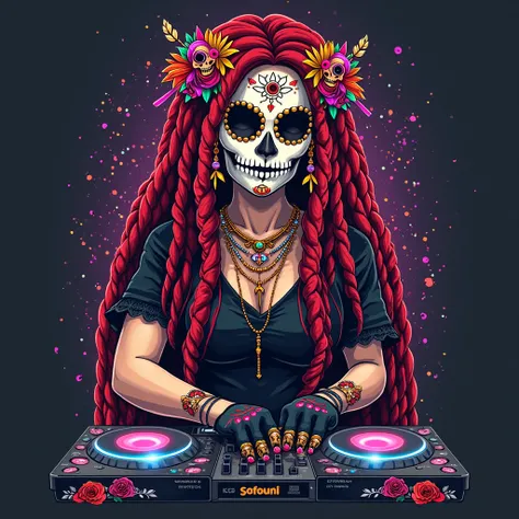 Create a t-shirt print following these guidelines: Here's a detailed prompt to create the image of a red-haired DJ with dreadlocks, made up for the Mexican Day of the Dead, discotheques on a DJ controller:  

---

### ** Main Theme **  
- Onea **red-haired...