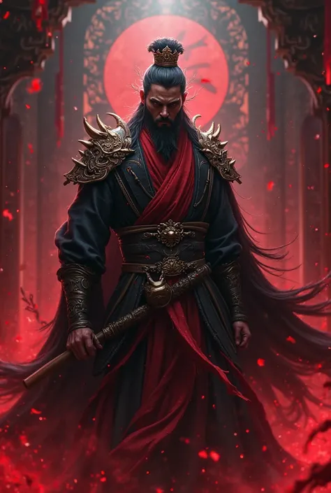 Anime, Create the hall master of Bloodkill Hall, dressed in traditional chinese clothing ultra detailed, lots of black and red, background should look dungeonlike with dramatic lighting ultra detailed 4k image