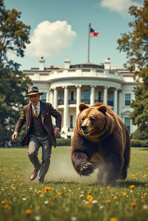 "Imagina una escena vibrante en la Casa Blanca durante la época de Theodore  Roosevelt , the 26th President of the United States. in the center of the image,  Roosevelt , with his characteristic hunter's hat and a determined expression, runs with energy wh...