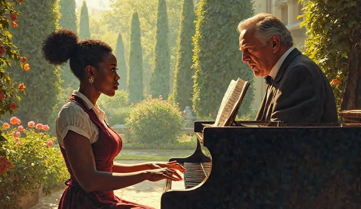 A Black waitress playing piano and a rich white man watching her with angry face, background garden in daylight 