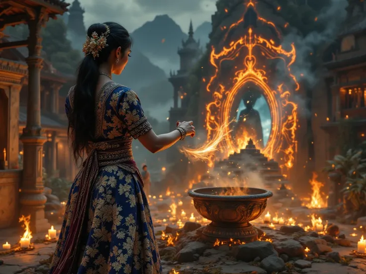 A hyper-realistic Indonesian fantasy scene: A Sundanese priestess in 1500s Bandung, clad in a kebaya spun from Nyi Pohaci’s moonlight (embossed with Kawung motifs that pulse like celestial constellations) and kain batik dyed in Galungan indigo, its Parang ...