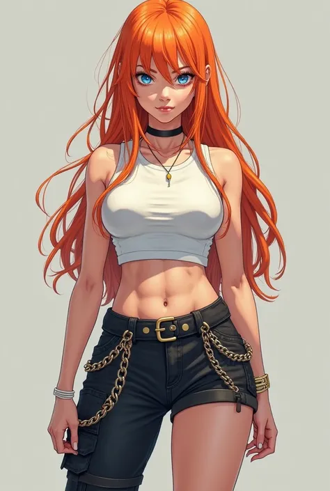 anime young adult woman with long orange hair, blue eyes, tough look on her face wearing a white top, black cargo shorts with chains and white sneakers