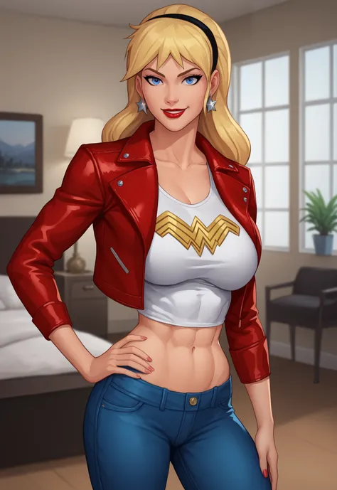 safe_pos, PonyXLV6_Scores BREAK (((parody style, parody:1.2)), perfect anatomy, cowboy shot) 1girl, blonde hair, blue eyes, ((looking at viewer)), hairband, red leather jacket, star earrings, red jeans, curvy,  athletic, standing, hand on hip, indoors, bed...