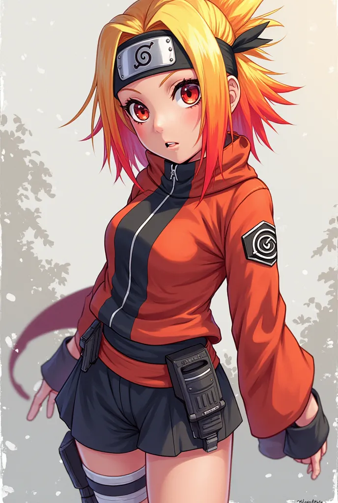 Naruto anime style
A  blond haired girl with orange and red locks,  with bangs,  With hyuga style eyes
With short skirt, shorts under the skirt, has ninja equipment
The Konoha Band at the Waist