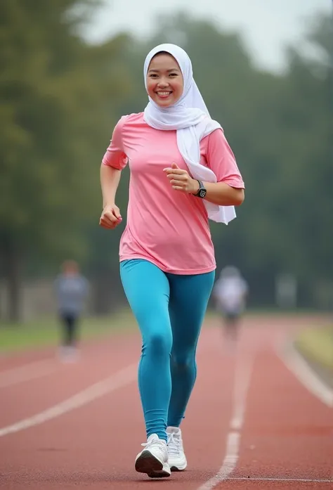  A white Indonesian woman, beautiful smooth face,  little fat , tall body, white hijab, wearing a slightly tight pink sports t-shirt and slightly loose blue training pants. Running shoes, Jogging on a running track among strangers. look at the viewer,