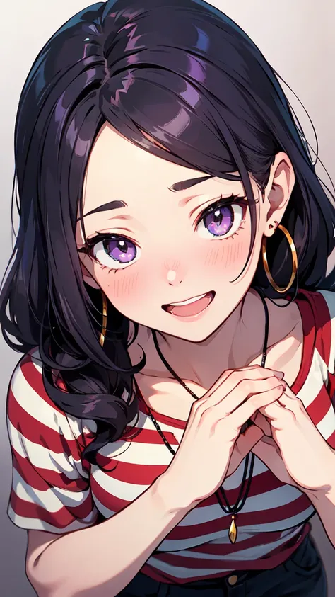 Pale purple forehead、long purple curly hair。red striped shirt。 hoop earrings、necklaces。 laughs。Touching cheeks with both hands。Embarrassed laugh。angle from above、cowboy shot



anatomically correct, high detail, high definition model, very detailed, ultra ...