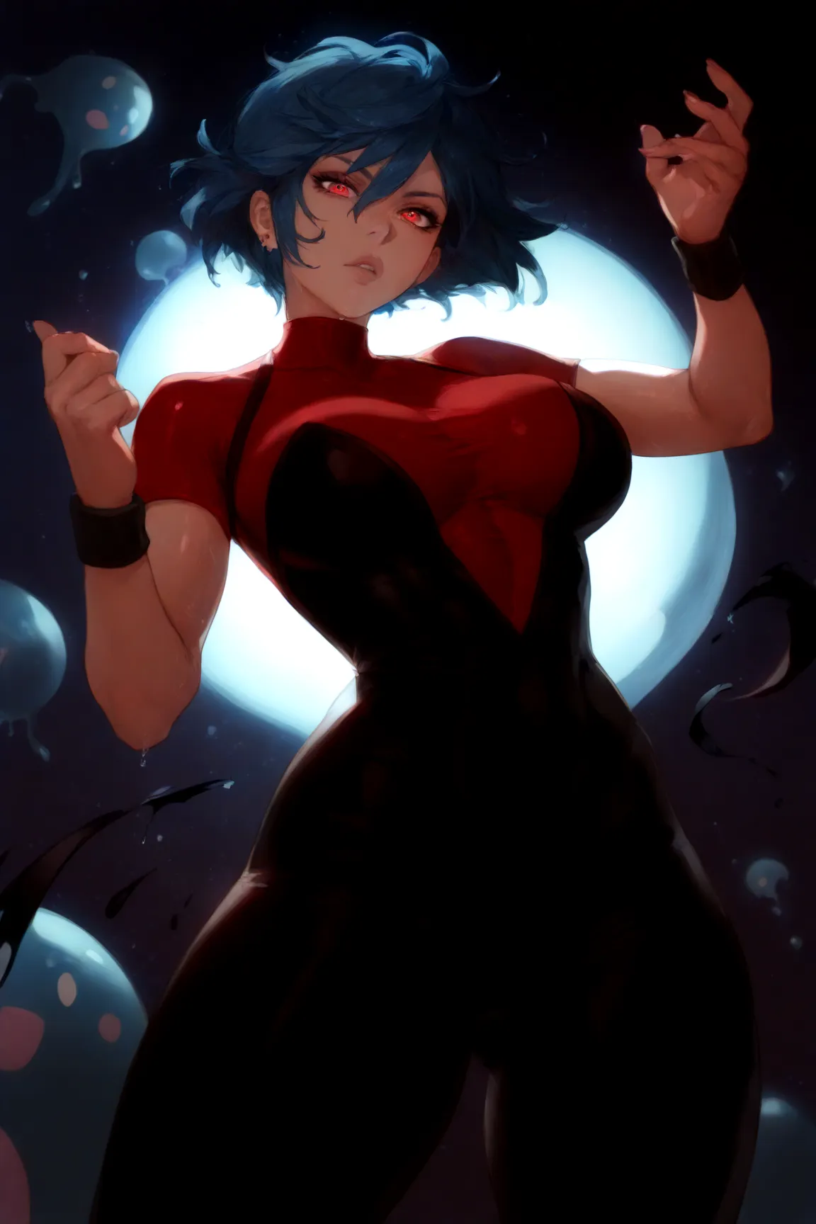 Slime woman, blue skin, blue hair, short hair, red eyes,Black wristband, black bodysuit, black pants ,Red scenario 